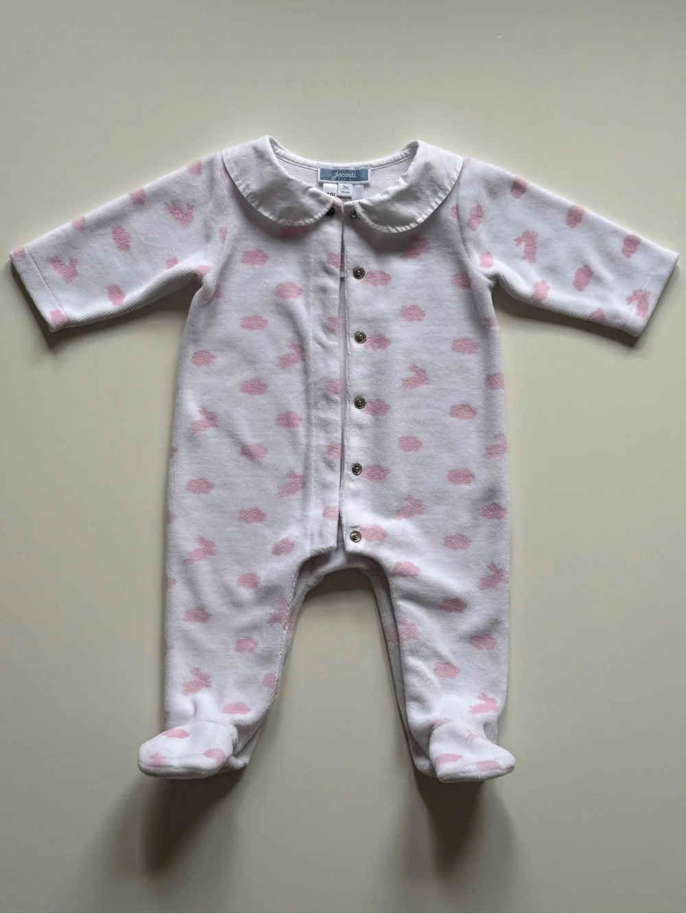 Jacadi Baby Girl White Velvet Footie Pajamas with Pink Clouds & Rabbits - Sz. 3M